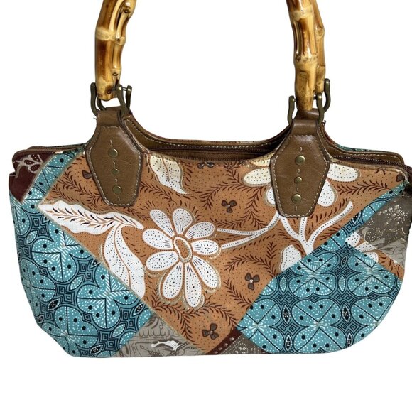 Relic Boho Patchwork Handbag With Bamboo Handles & Leather Accents Retro Style - Picture 1 of 15